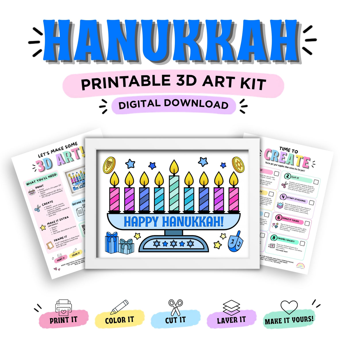 Hanukkah Printable 3D Art Kit - Digital Download