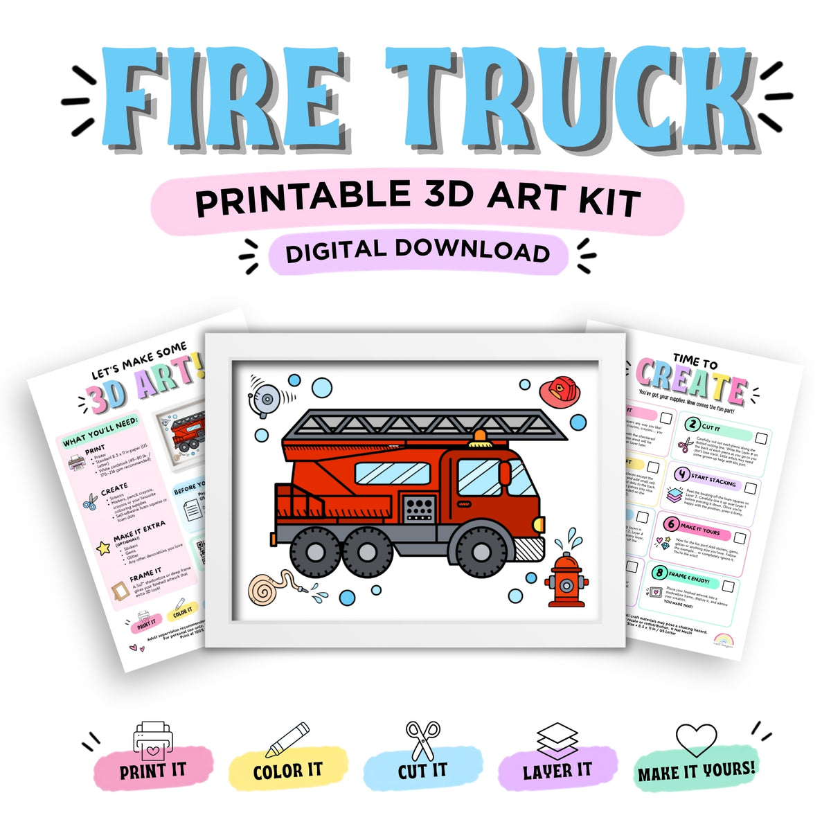Fire Truck Printable 3D Art Kit - Digital Download