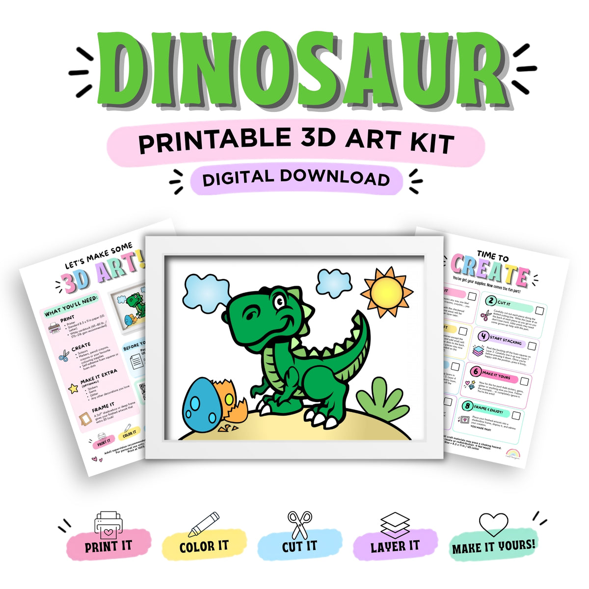 Dinosaur Printable 3D Art Kit - Digital Download
