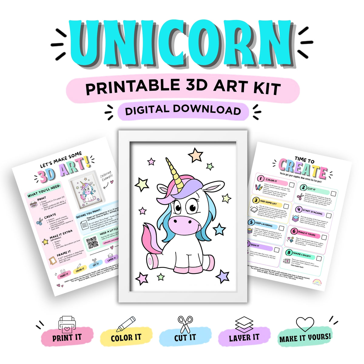 Unicorn Printable 3D Art Kit - Digital Download