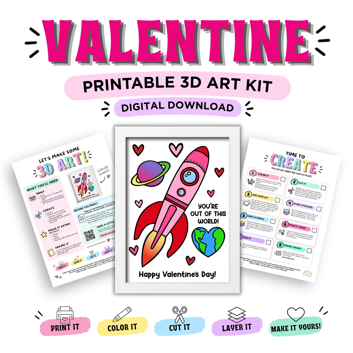 Valentine Printable 3D Art Kit - Digital Download