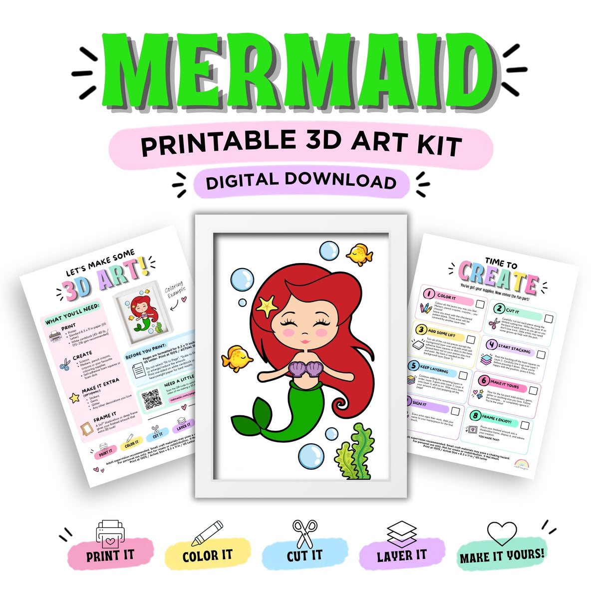 Mermaid Printable 3D Art Kit - Digital Download