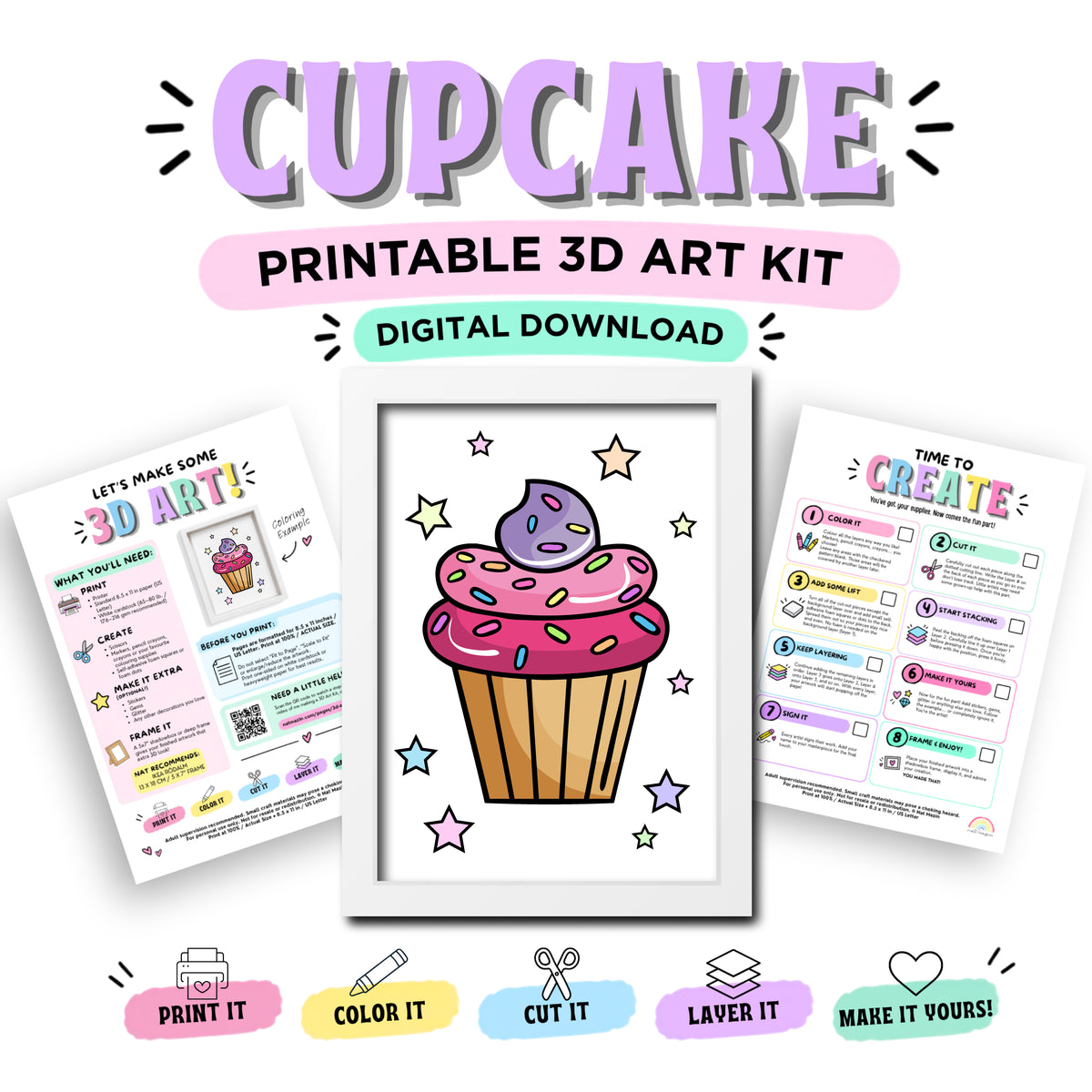 Cupcake Printable 3D Art Kit - Digital Download